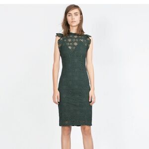 ZARA  green jewel tone lace midi high neck holiday party dress small